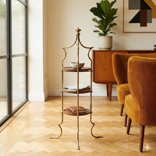 étagère vintage laiton bois - laiton,